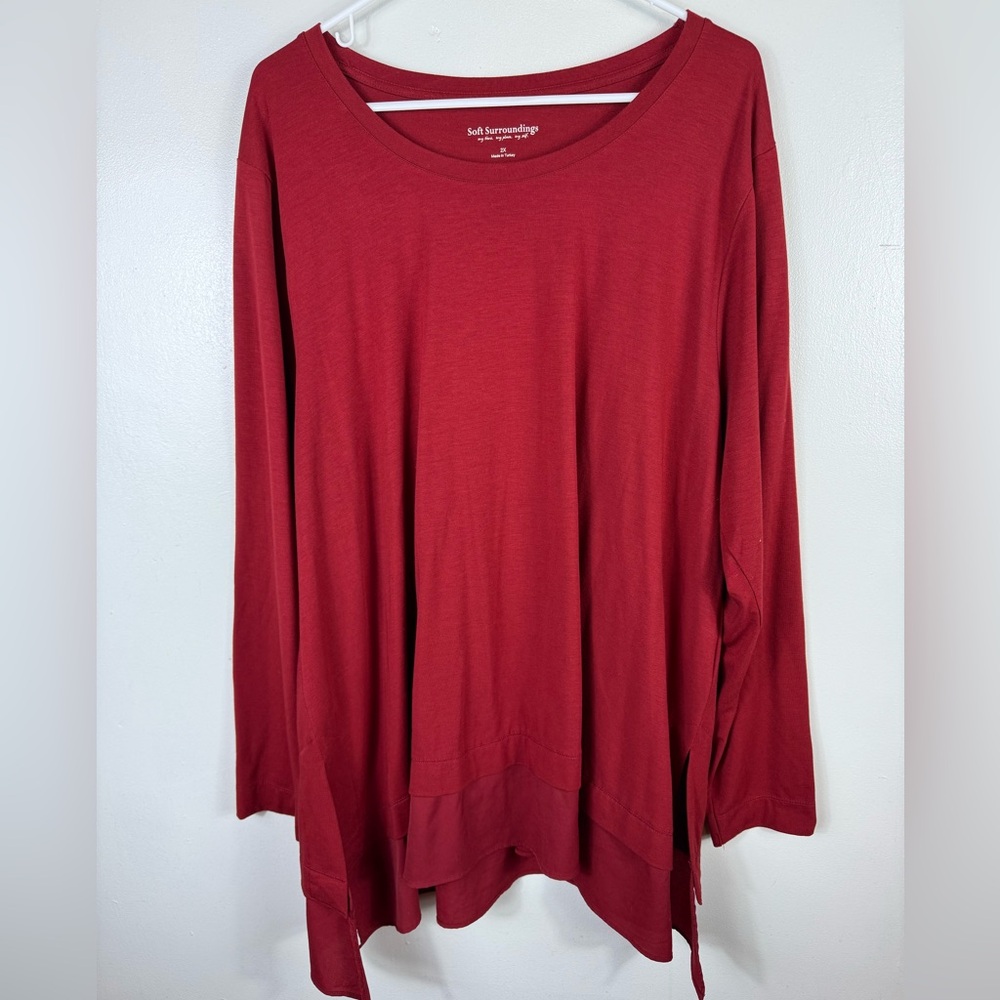 Soft Surroundings Tunic Blouse Red Burgundy 2X Faux Layered Oversized Excellent